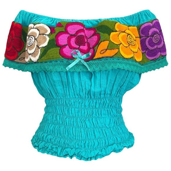 Boho Embroidered Gauze Off The Shoulder Top Peasant Turquoise Mexican Campesina - Picture 1 of 10